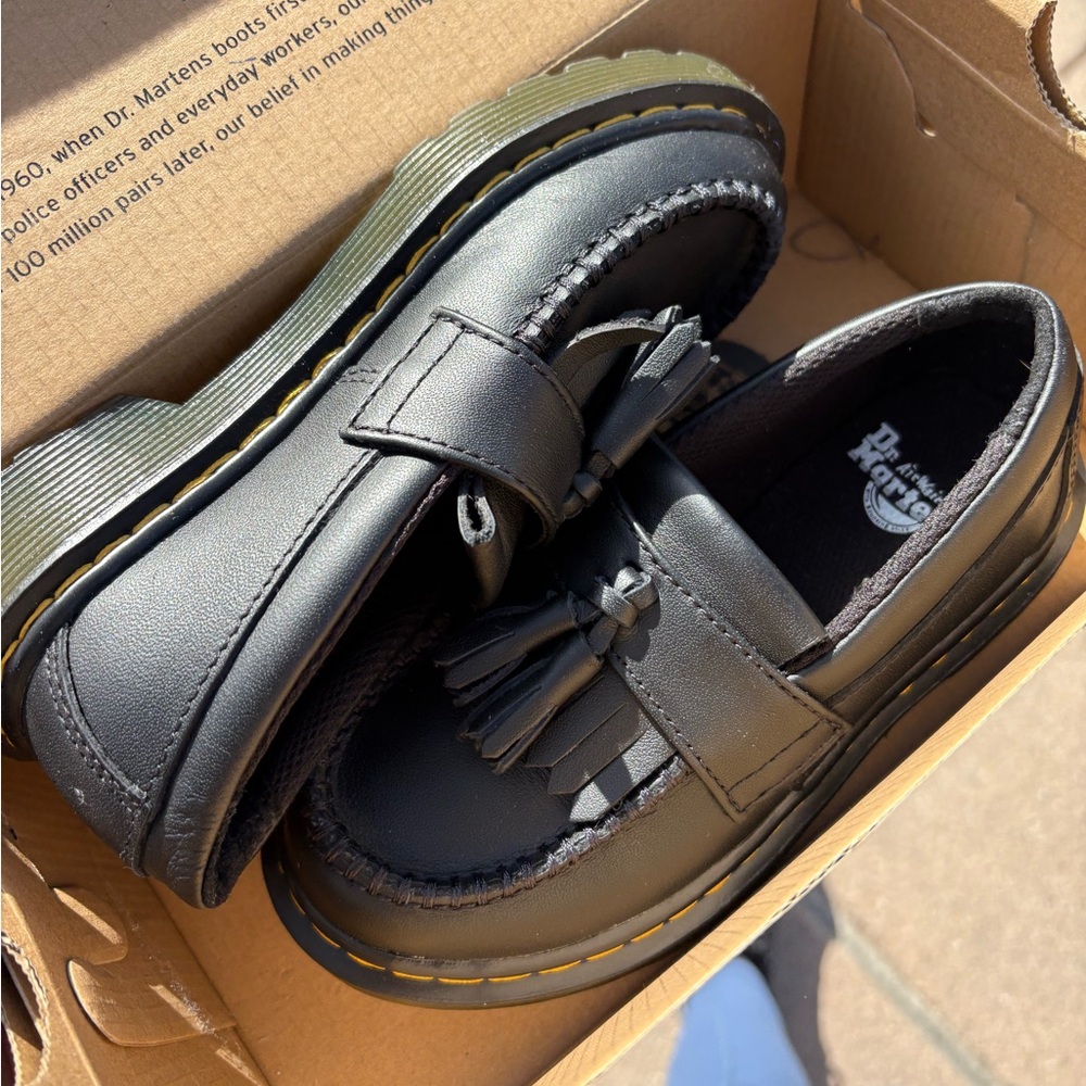Dr. Martens Kids Black Tassel Penny Loafers with Yellow Stitching